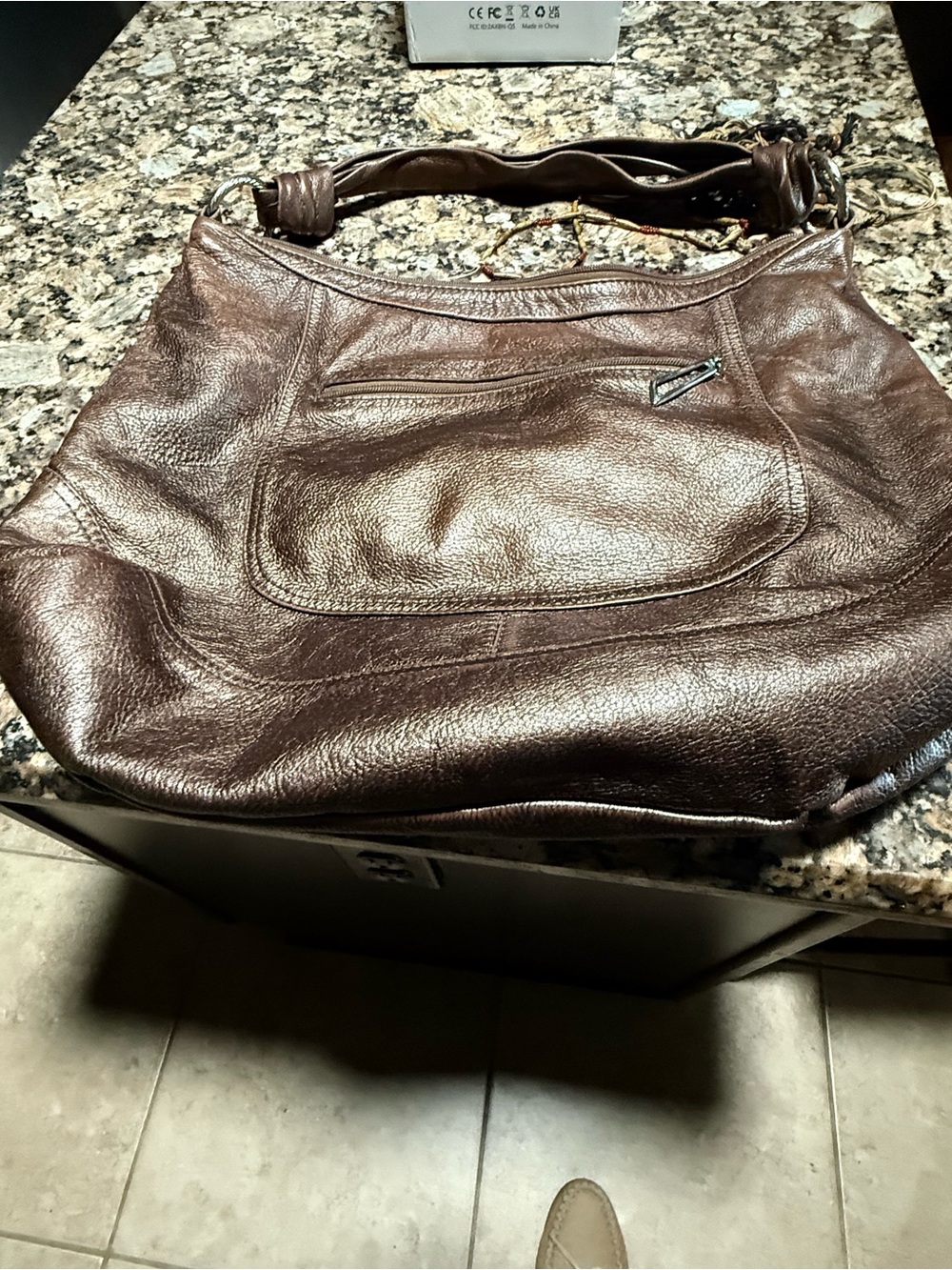 Everyday Brown Leather Shoulder Bag with Front Zip Pocket